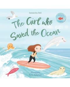Book cover of The Girl who Saved the Ocean. Girl on surfboard